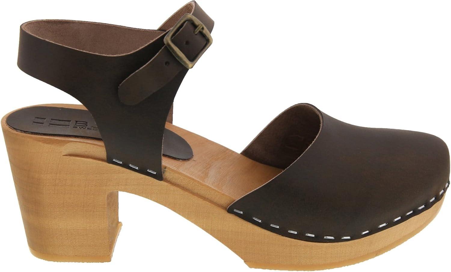 Brown Genuine Leather Ankle Strap Clog Sandals