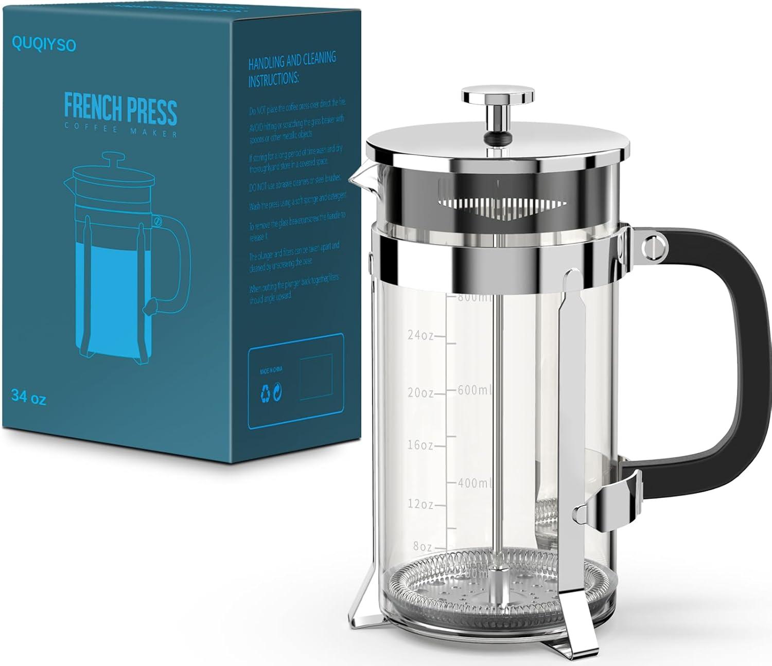 HadinEEon French Press Coffee Maker, 34oz Stainless Steel French Press with 4 Filter, Stainless Steel