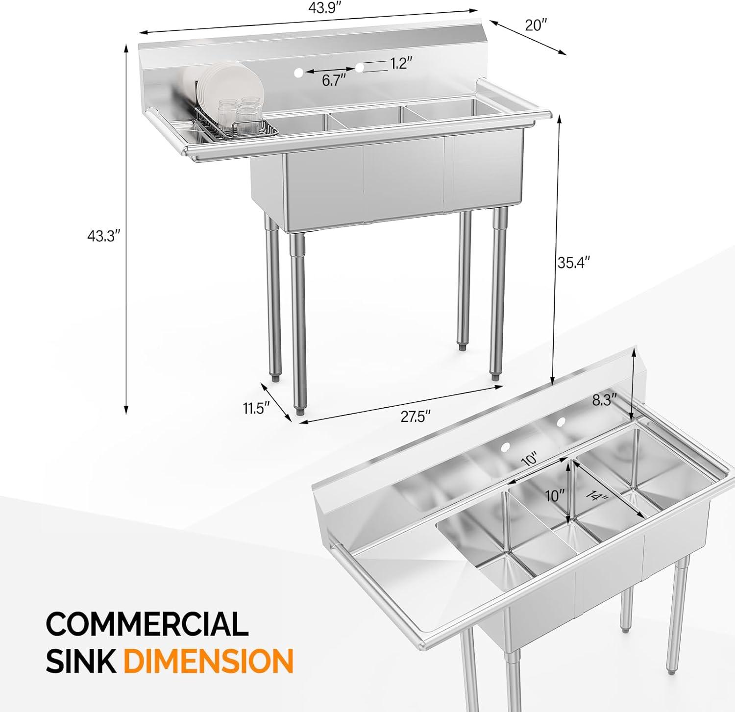 Stainless Steel 3-Compartment Utility Sink with Left Drainboard