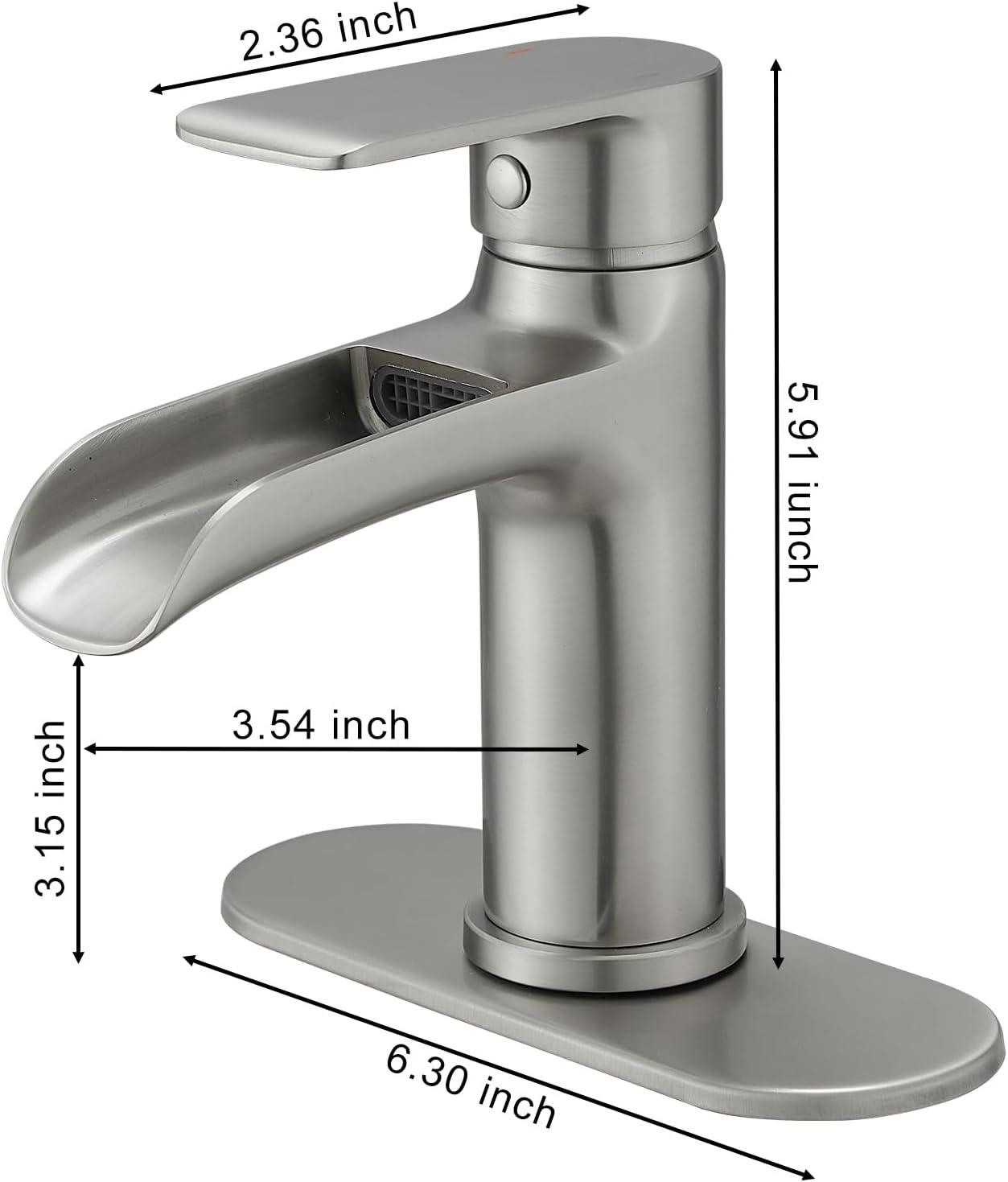 Brushed Nickel Single Handle Waterfall Bathroom Faucet with Pop-Up Drain