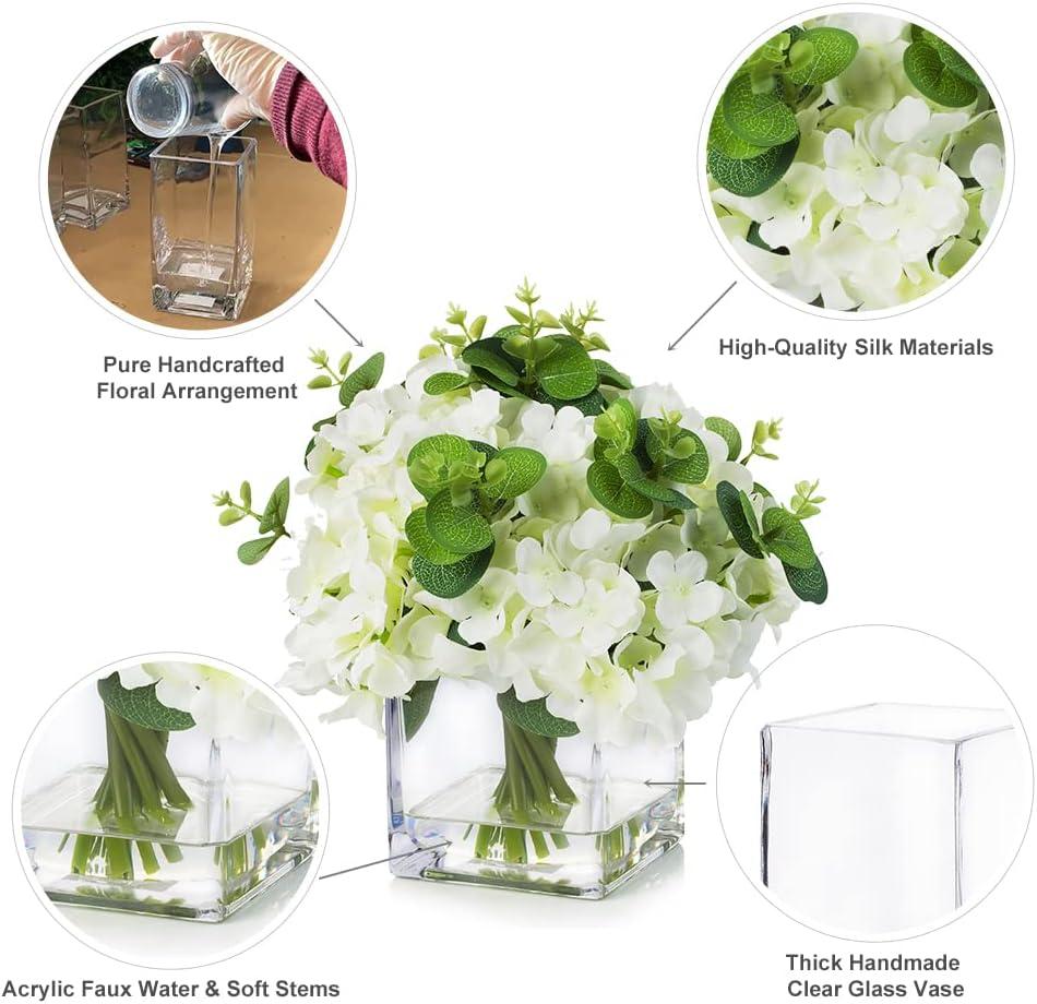 ENOVA FLORAL Faux Hydrangea Flowers with Vase, Mixed Fake Hydrangea Flowers and Greenery in Vase with Faux Water for Dining Table Decoration, Wedding Centerpieces