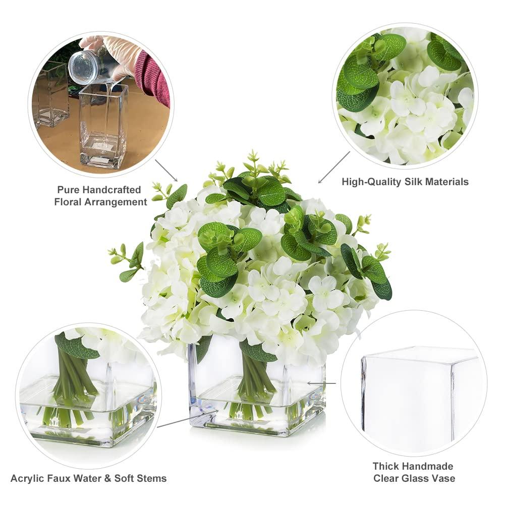 ENOVA FLORAL Faux Hydrangea Flowers with Vase, Mixed Fake Hydrangea Flowers and Greenery in Vase with Faux Water for Dining Table Decoration, Wedding Centerpieces