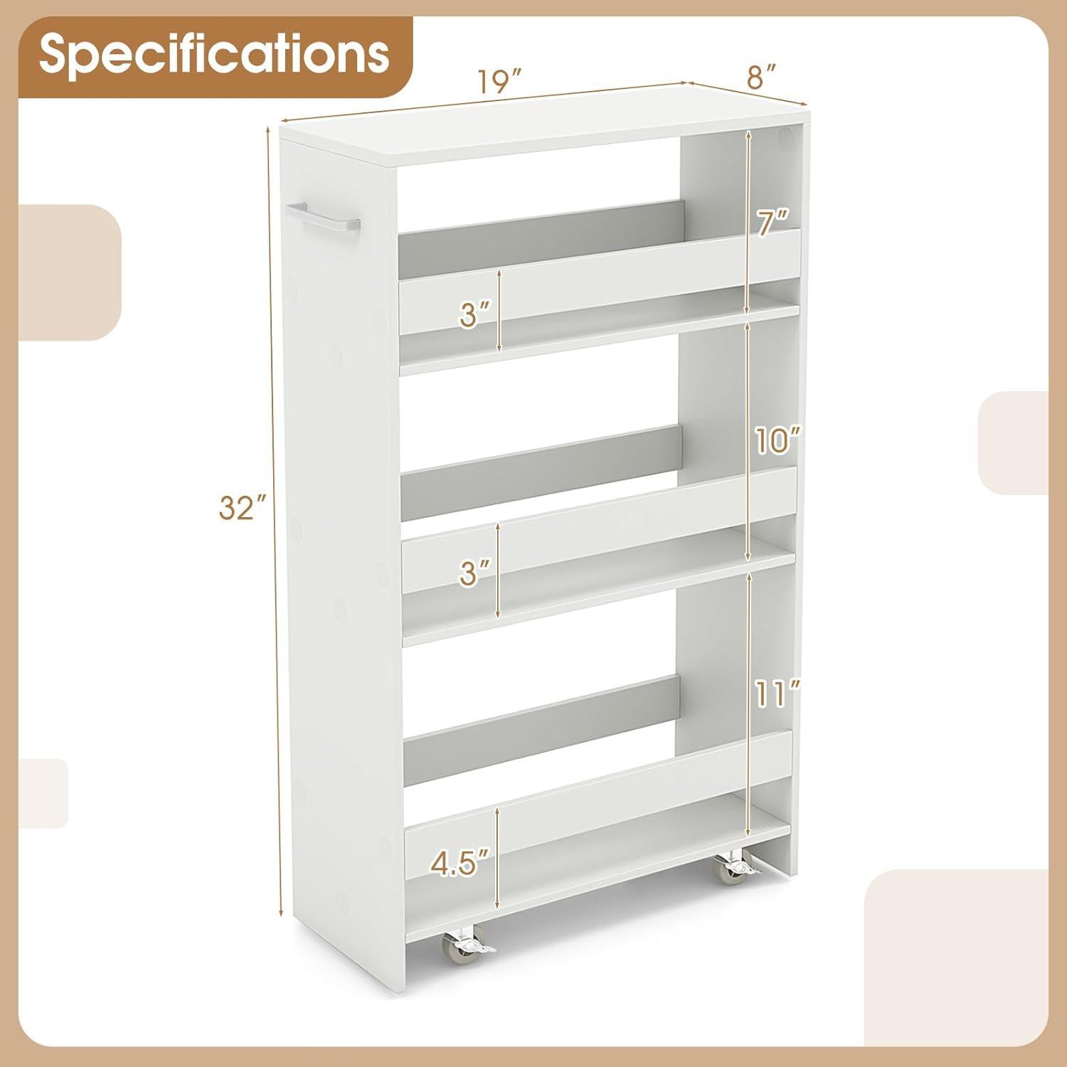 White Slim Rolling Kitchen Cart with Multi-Tier Storage