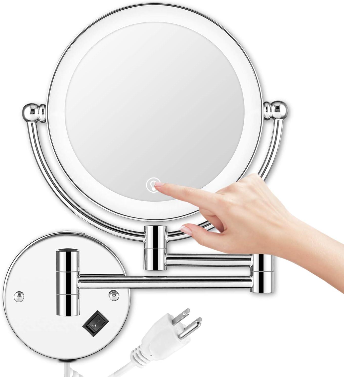 Chrome Wall Mounted LED Lighted Makeup Mirror with 5X Magnification