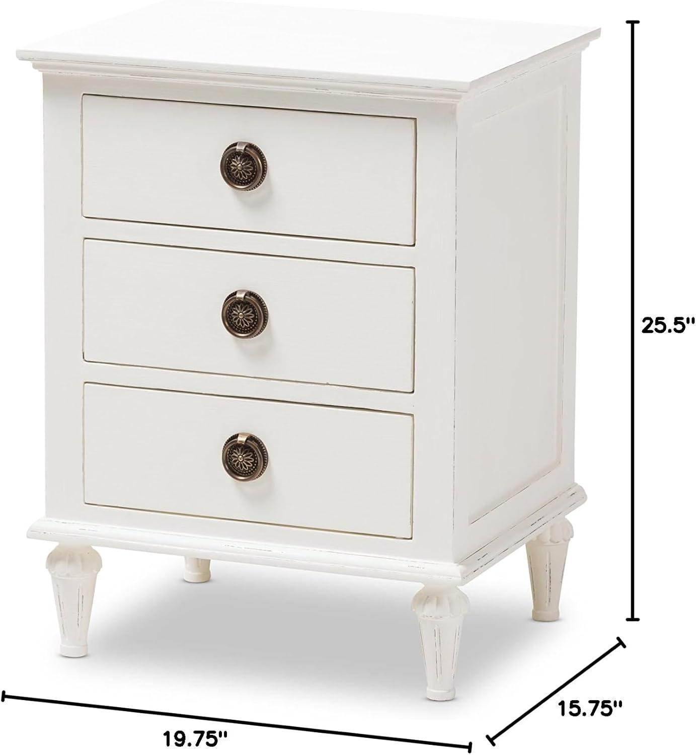 Whitewashed Mindi Wood 3-Drawer Nightstand with Bronze Hardware