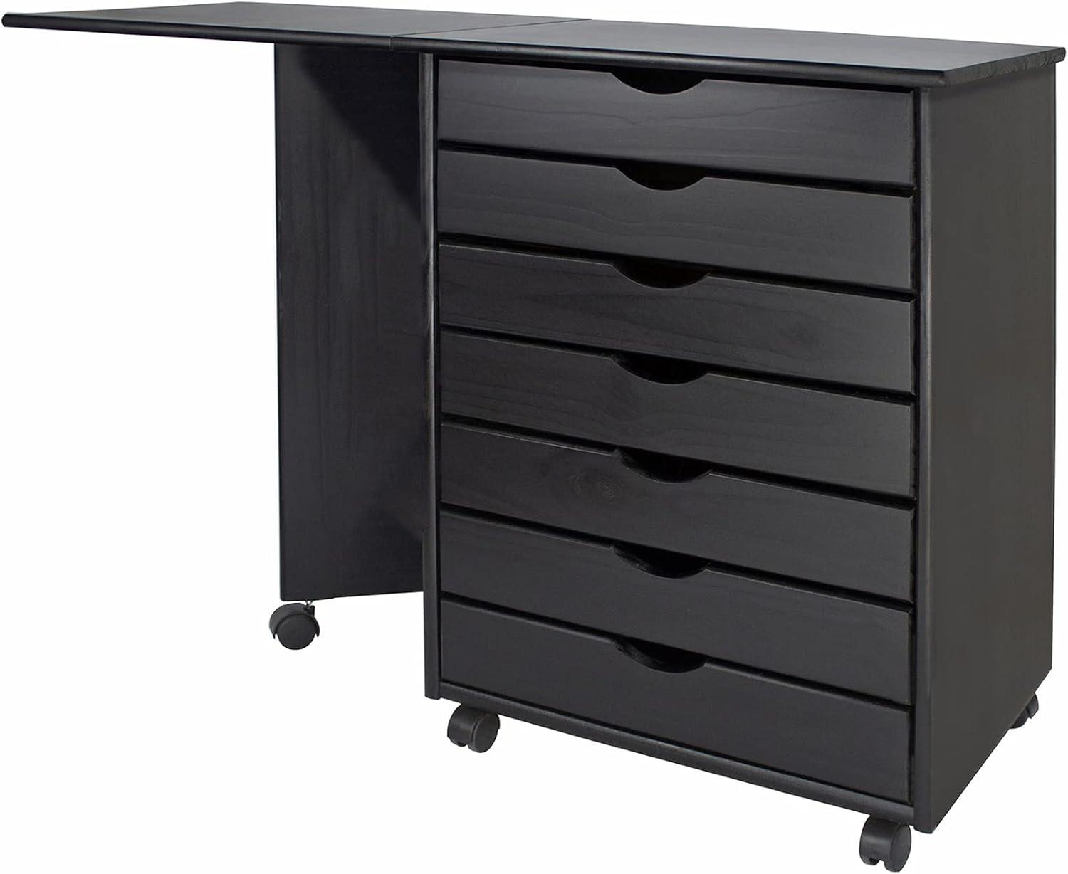 Solid Wood   7 Drawer Gate Leg Roll Cart Desk - Black