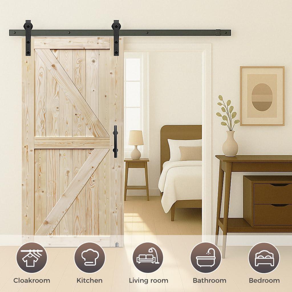 S&Z TOPHAND 32 in. x 84 in. Unfinished British Brace Knotty Barn Door with 6.6FT Sliding Hardware Kit/Solid Wood/Sliding Door/Double Surfaces/A Simple Assembly is Required