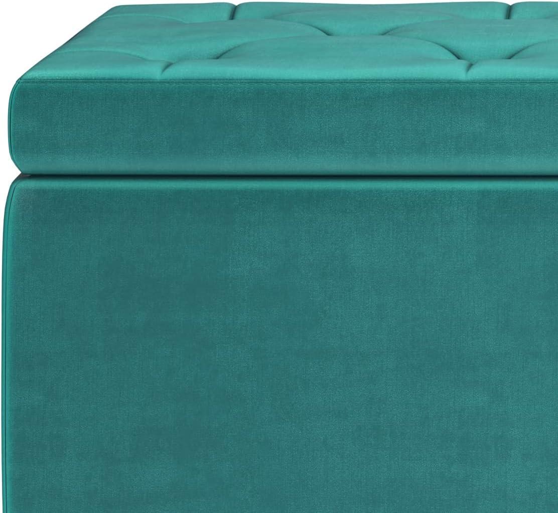 Simpli Home Hamilton 48 inch Wide Traditional Rectangle Storage Ottoman in Aqua Blue Velvet Fabric