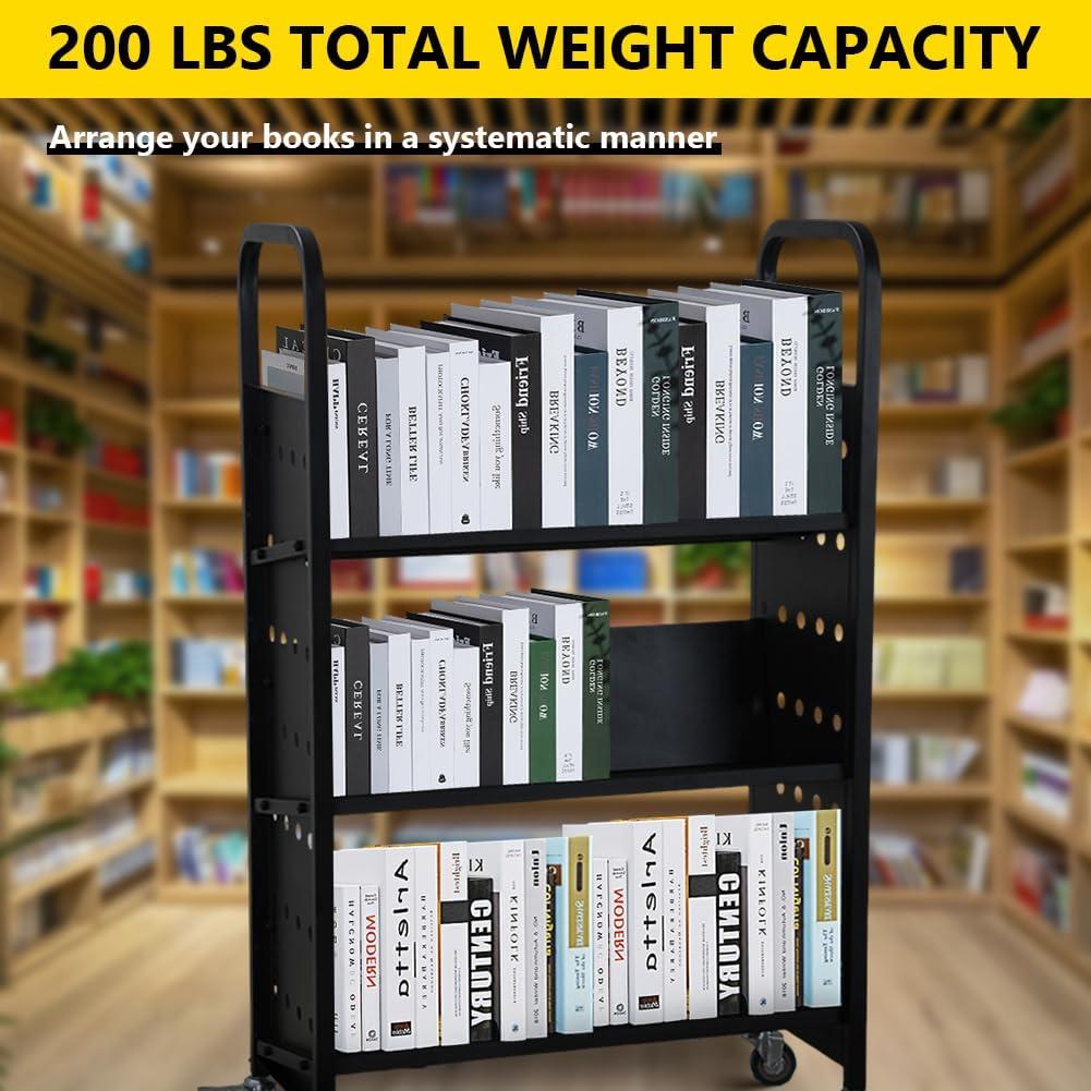 Book Cart, 44'' x 29.5'' x 13.7'' Single Sided V-Shaped Library Book Cart, 200LBS Weight Capacity Library Cart with Four Wheels for Home, Office, School, Book Truck in Black