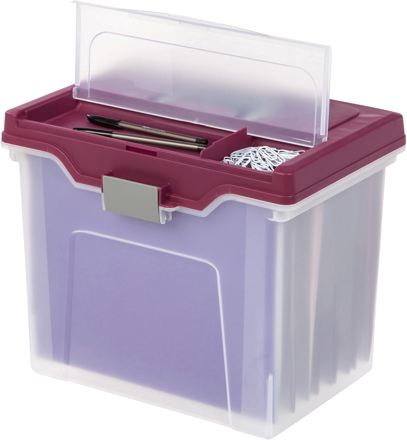 Large Clear and Burgundy Portable File Box with Lockable Buckle