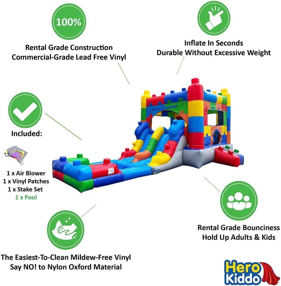 HeroKiddo Block Party Inflatable Water Slide Lightweight Premium Bounce House Combo with Detachable Pool with Air Blower Commercial Grade for Kids and Adults Basketball Hoop Outdoor Backyard Wet Dry