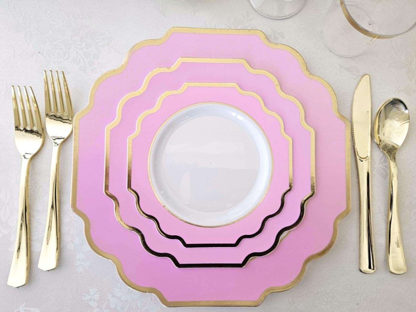 " OCCASIONS " 200 Piece set (25 Guests)-Wedding Plastic Plates & cutlery -Disposable heavyweight Dinnerware 10.5'', 8'' + Silverware + Cups + Napkins (Imperial in Rose Pink & Gold)