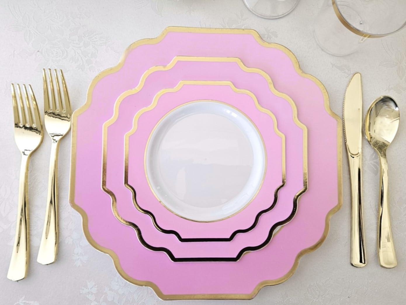 " OCCASIONS " 200 Piece set (25 Guests)-Wedding Plastic Plates & cutlery -Disposable heavyweight Dinnerware 10.5'', 8'' + Silverware + Cups + Napkins (Imperial in Rose Pink & Gold)