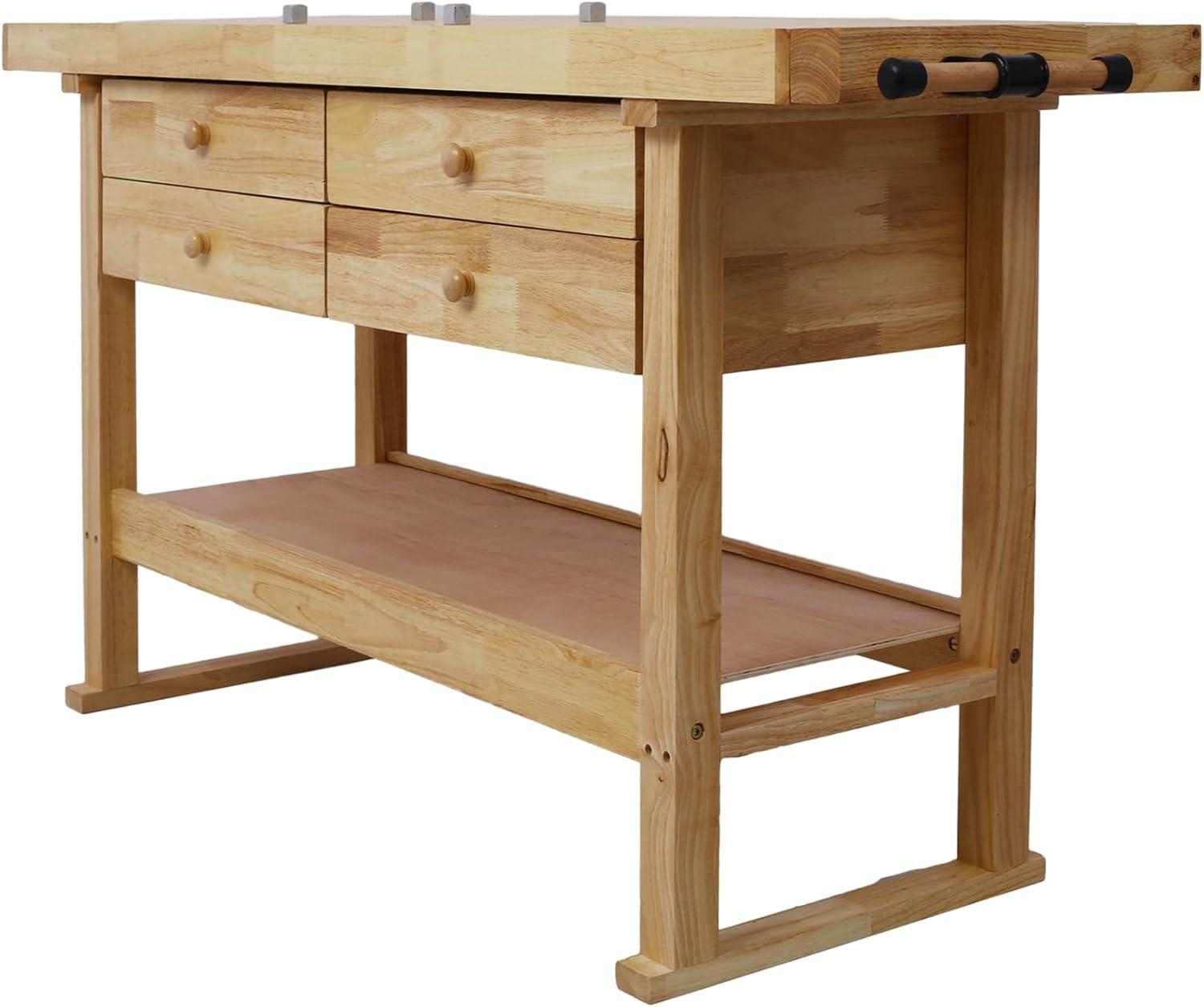 60" Solid Wood Workbench with 4 Drawers and Lower Shelf, Durable Rubberwood Wooden Workbench for Garage, Woodworking Carpenter Workshop and Home Natural Finish 330 lbs Capacity