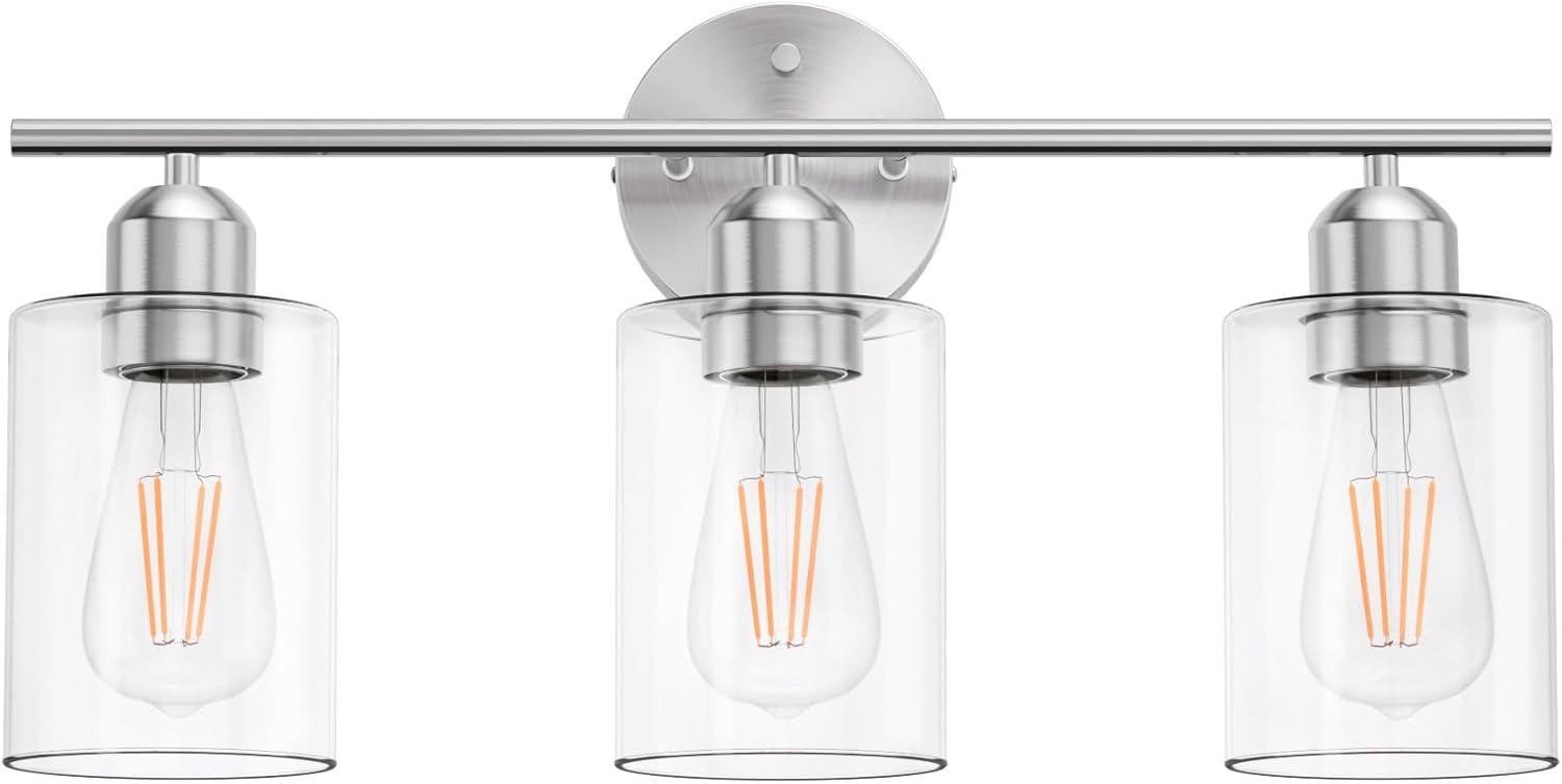 Vanity Wall Light Fixtures, Modern 3 Lights Wall Sconce with Clear Glass Shade, Brushed Nickel Farmhouse Wall Lamp for Bathroom Mirror Kitchen Porch Living Room Workshop (E26 Base)