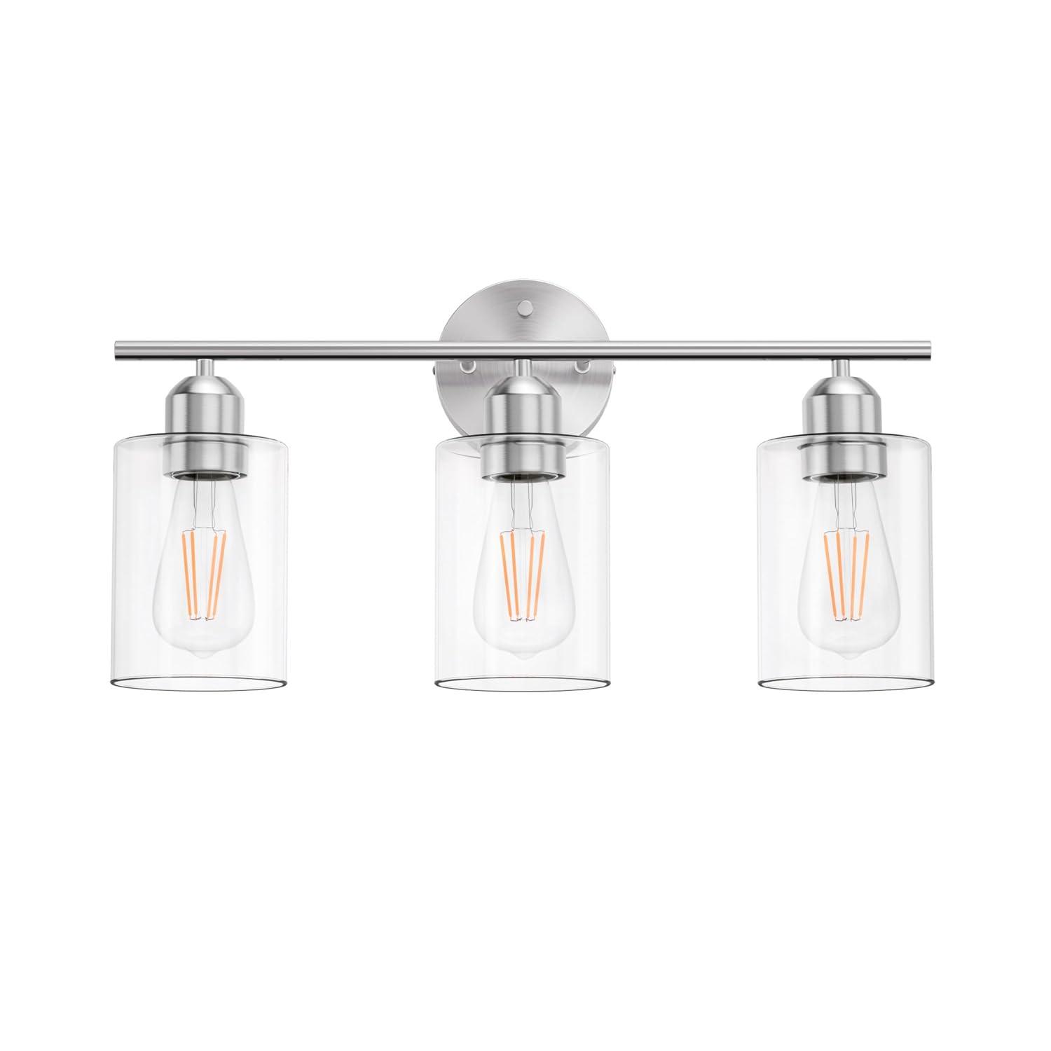 Vanity Wall Light Fixtures, Modern 3 Lights Wall Sconce with Clear Glass Shade, Brushed Nickel Farmhouse Wall Lamp for Bathroom Mirror Kitchen Porch Living Room Workshop (E26 Base)