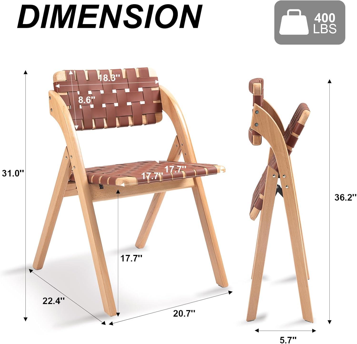 Folding Chairs Set of 2, Wooden Foldable Dining Chairs, Stackable Folding Extra Chair with Breathable Leather-Woven Design for Indoor & Outdoor, Brown