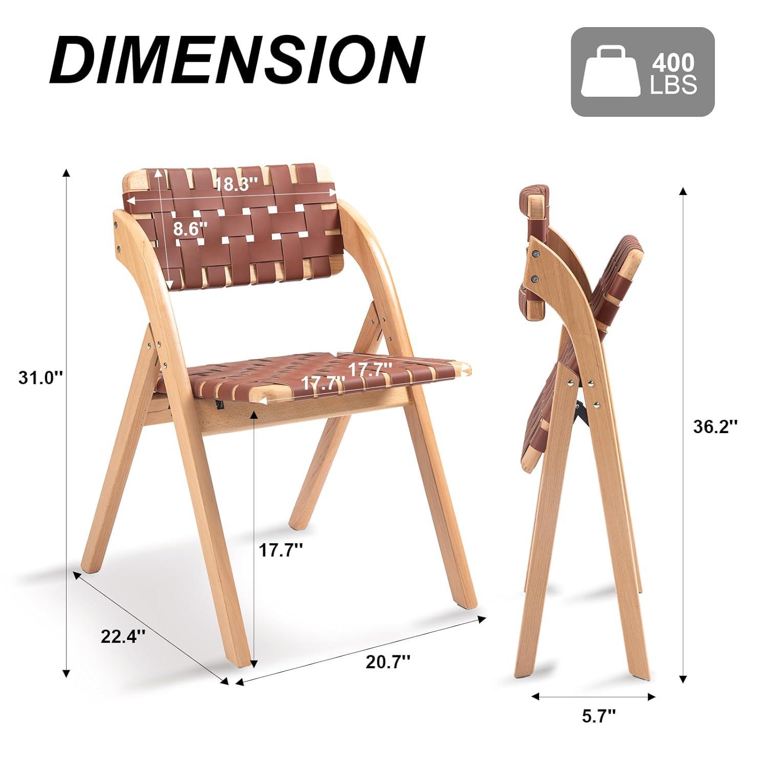 Folding Chairs Set of 2, Wooden Foldable Dining Chairs, Stackable Folding Extra Chair with Breathable Leather-Woven Design for Indoor & Outdoor, Brown