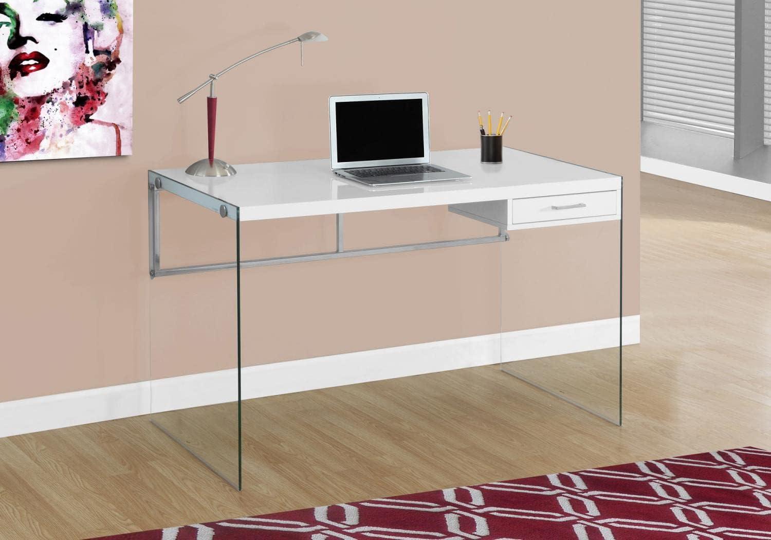 Glossy White Contemporary 48" Home Office Desk with Glass Legs and Drawer