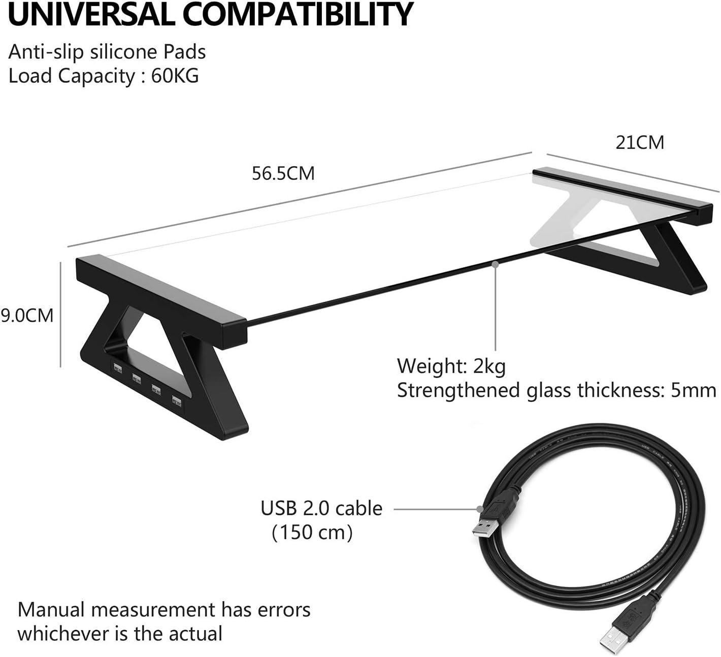 Yivandi Computer Monitor Stand with USB Ports, Clear Tempered Glass Monitor Riser, 3-in-1 USB Docking Laptop Riser for Desktop PC/iMac/MacBook/Printer
