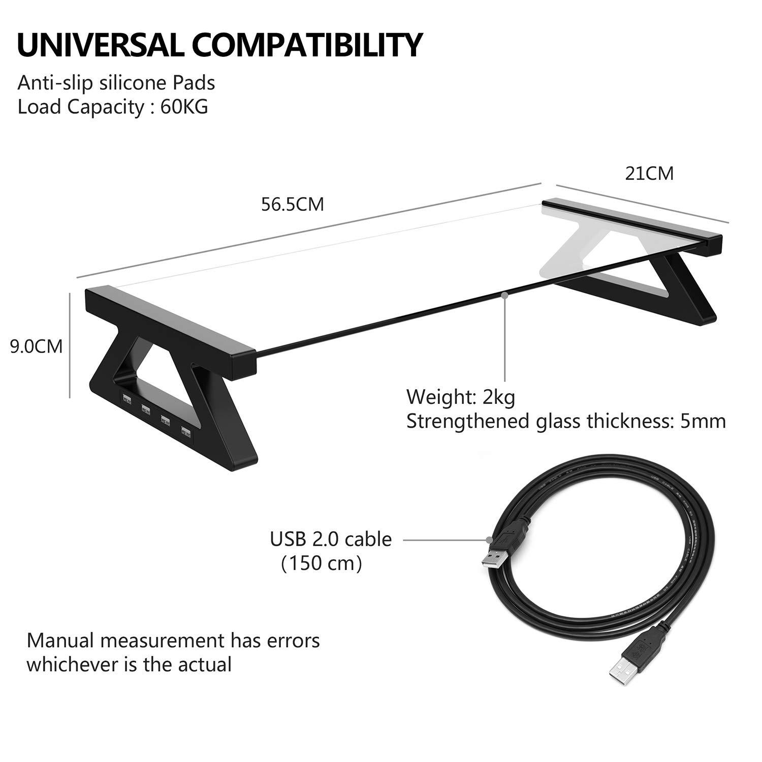 Yivandi Computer Monitor Stand with USB Ports, Clear Tempered Glass Monitor Riser, 3-in-1 USB Docking Laptop Riser for Desktop PC/iMac/MacBook/Printer