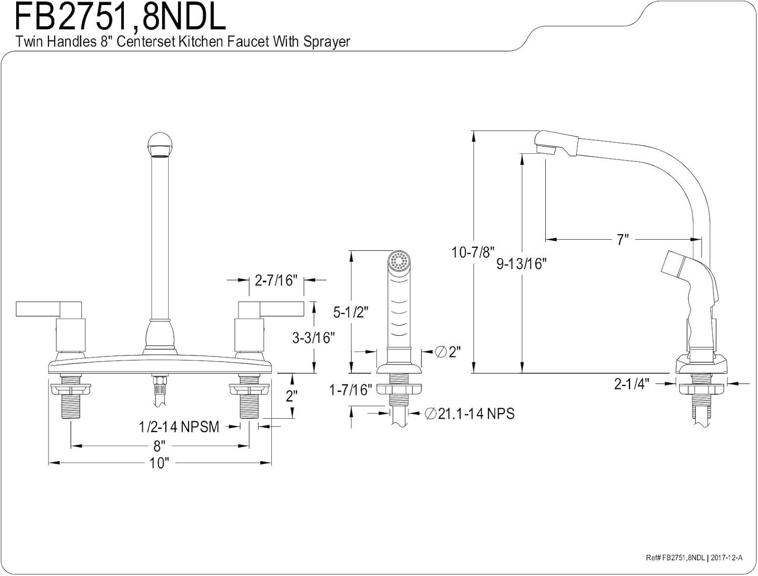 Kingston Brass FB2751NDL NuvoFusion 8-Inch Centerset Kitchen Faucet with Sprayer, Polished Chrome