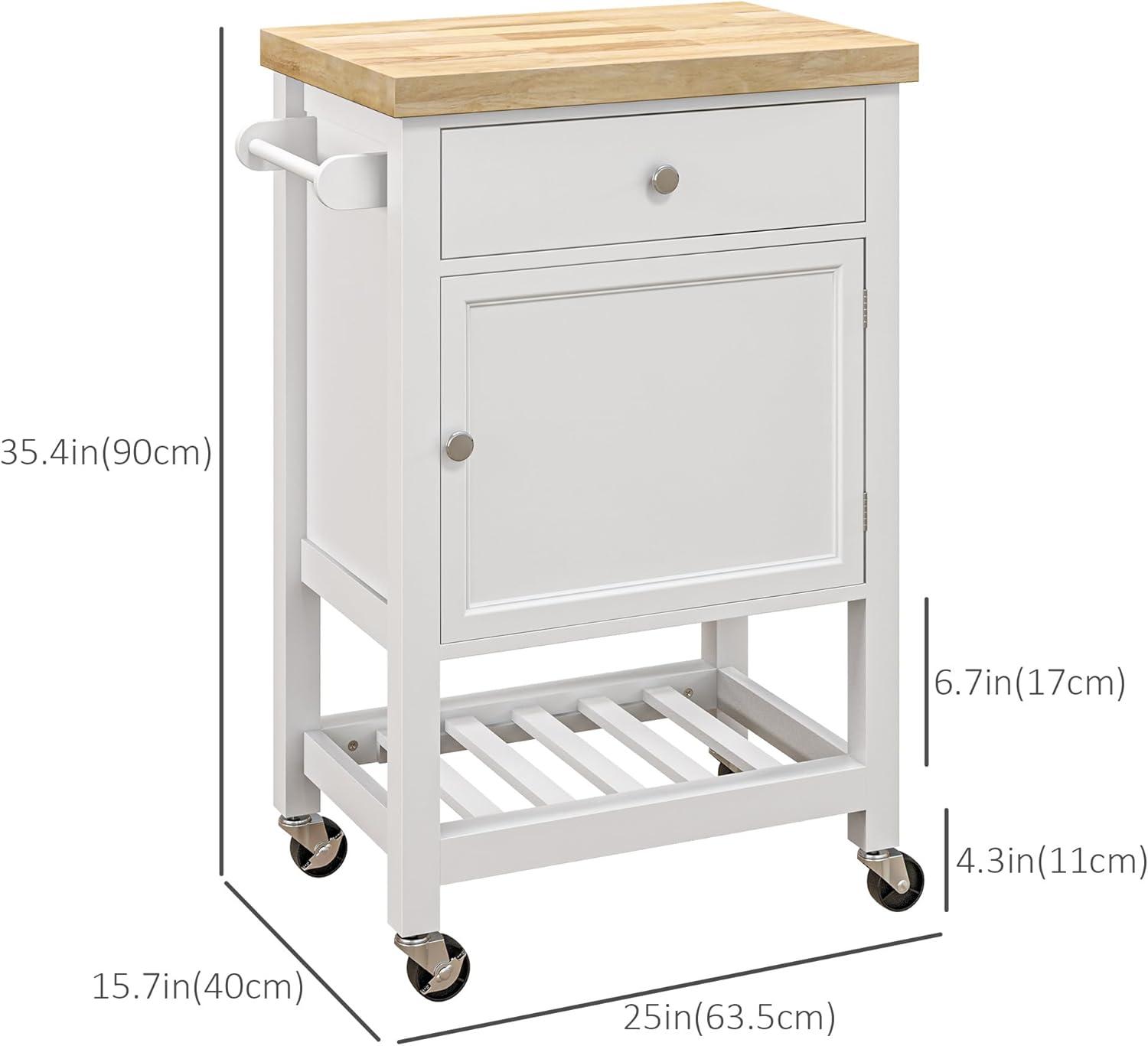 HOMCOM Utility Kitchen Cart, Rolling Kitchen Island with Smooth Rubberwood Top, Narrow Butcher Block Surface on Wheels with Storage Drawer & Cabinet, White