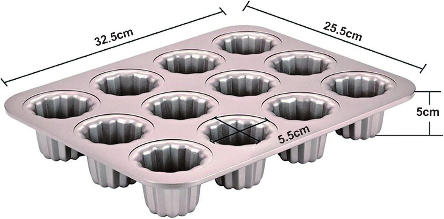 Cannele Mold Nonstick Muffin Cupcake Pan Carbon Steel Canele Cake Baking Tray French Pastry Mould 12 Cups for Making Mini Bread Cheesecake Dessert
