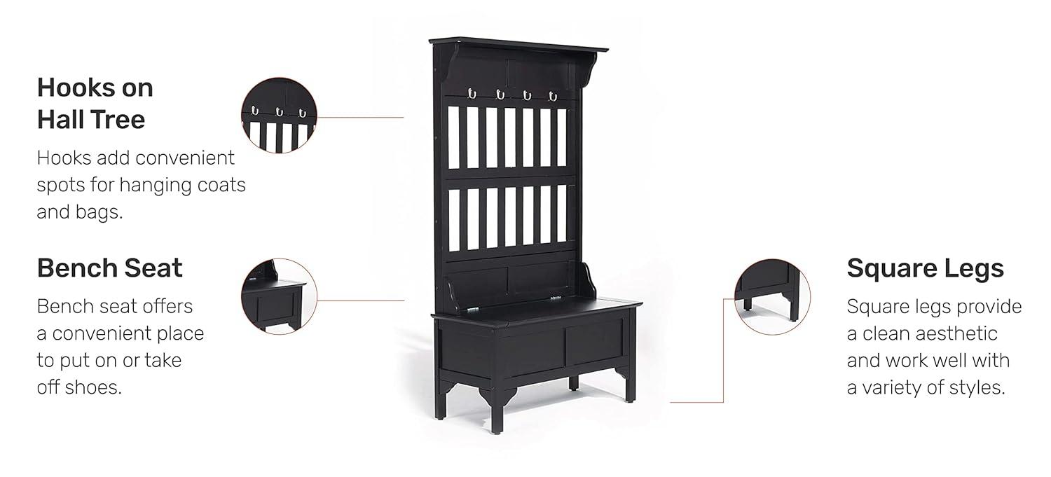 Co-t Solid Hardwood Hall Tree With Storage Bench, Safety Hinge, And Brass Hooks