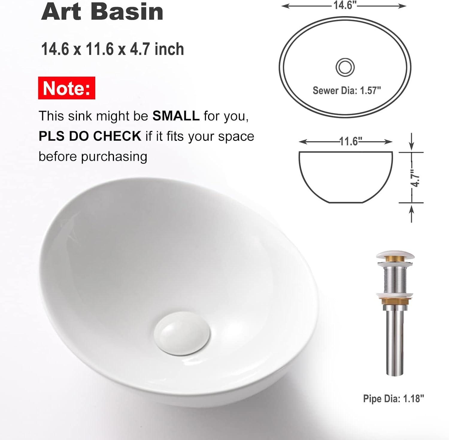 Bathivy Oval Vessel Sink, 14.6'' x 11.6'' Modern Above Counter Oval Bathroom Sink, Small White Porcelain Bathroom Vessel Sink with Pop Up Drain