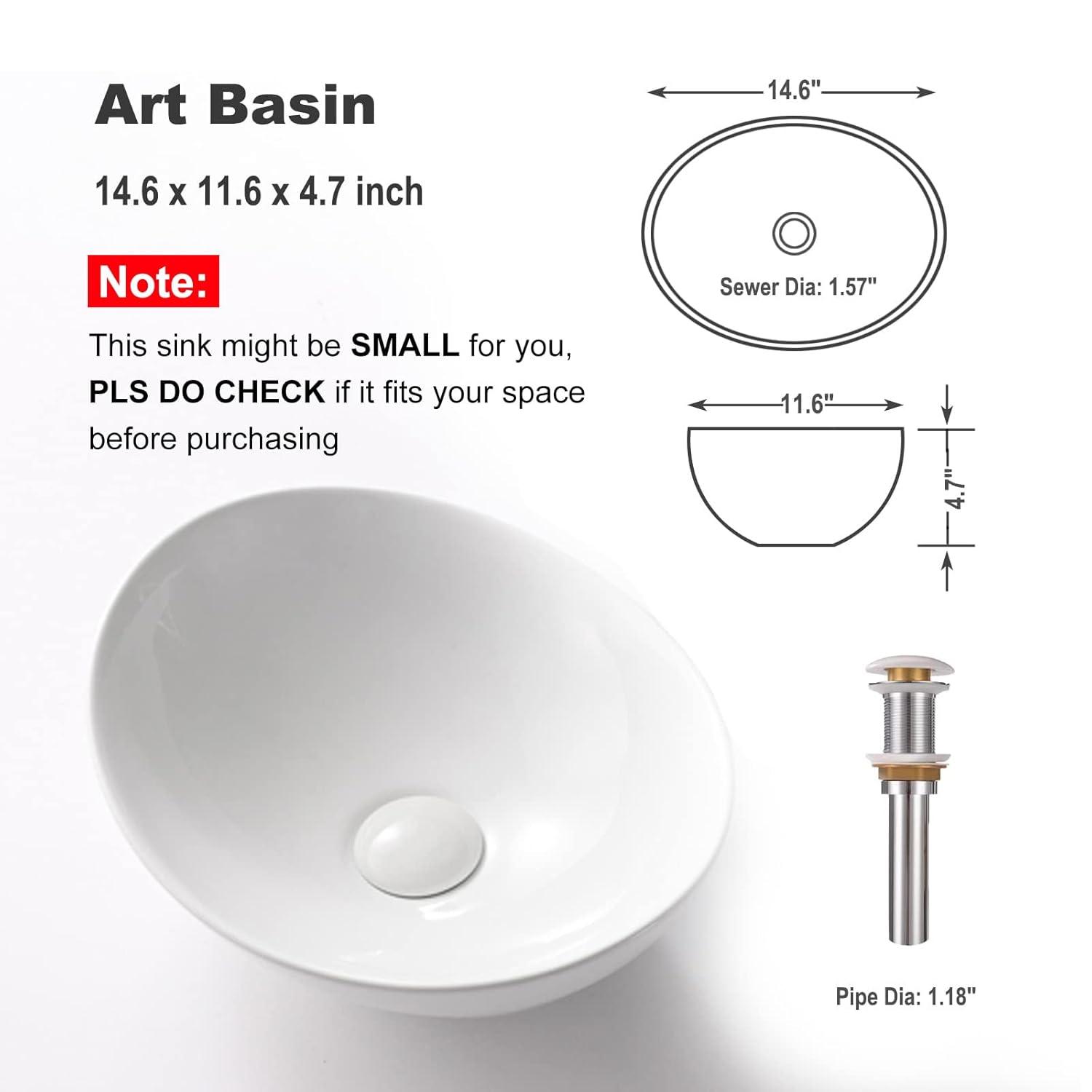 Bathivy Oval Vessel Sink, 14.6'' x 11.6'' Modern Above Counter Oval Bathroom Sink, Small White Porcelain Bathroom Vessel Sink with Pop Up Drain