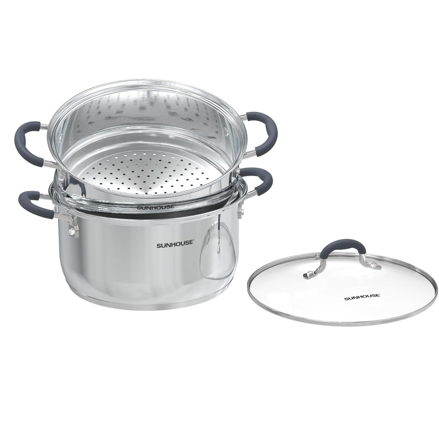 Sunhouse - 3.1 Quarts Steamer Pots With Lid 2-Tier Multipurpose Stainless Steel Steaming Pot Cookware For Vegetable, Dumpling, Sauce, Food - Triple Bottom, Measurement Line