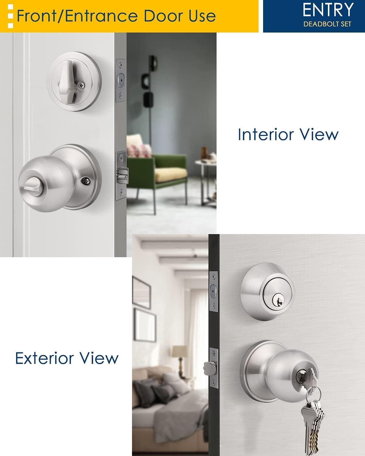 Satin Nickel Keyed Alike Entry Door Knobs and Deadbolts Set