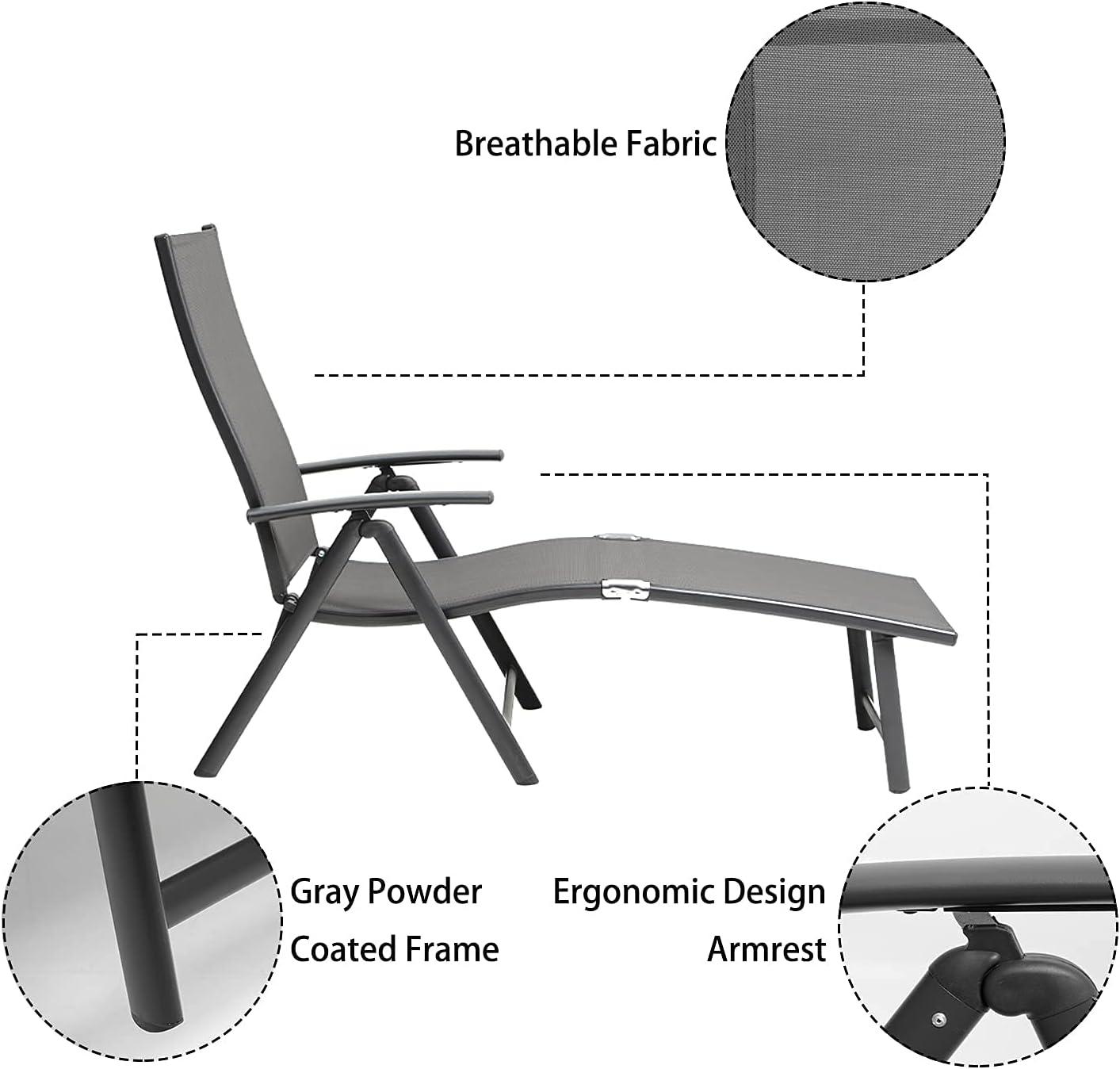 Adjustable Aluminum patio Chaise Lounge Chair, 8 Positions, Folding Outdoor Recliners, All Weather For Beach, Pool And Yard (Set of 2)