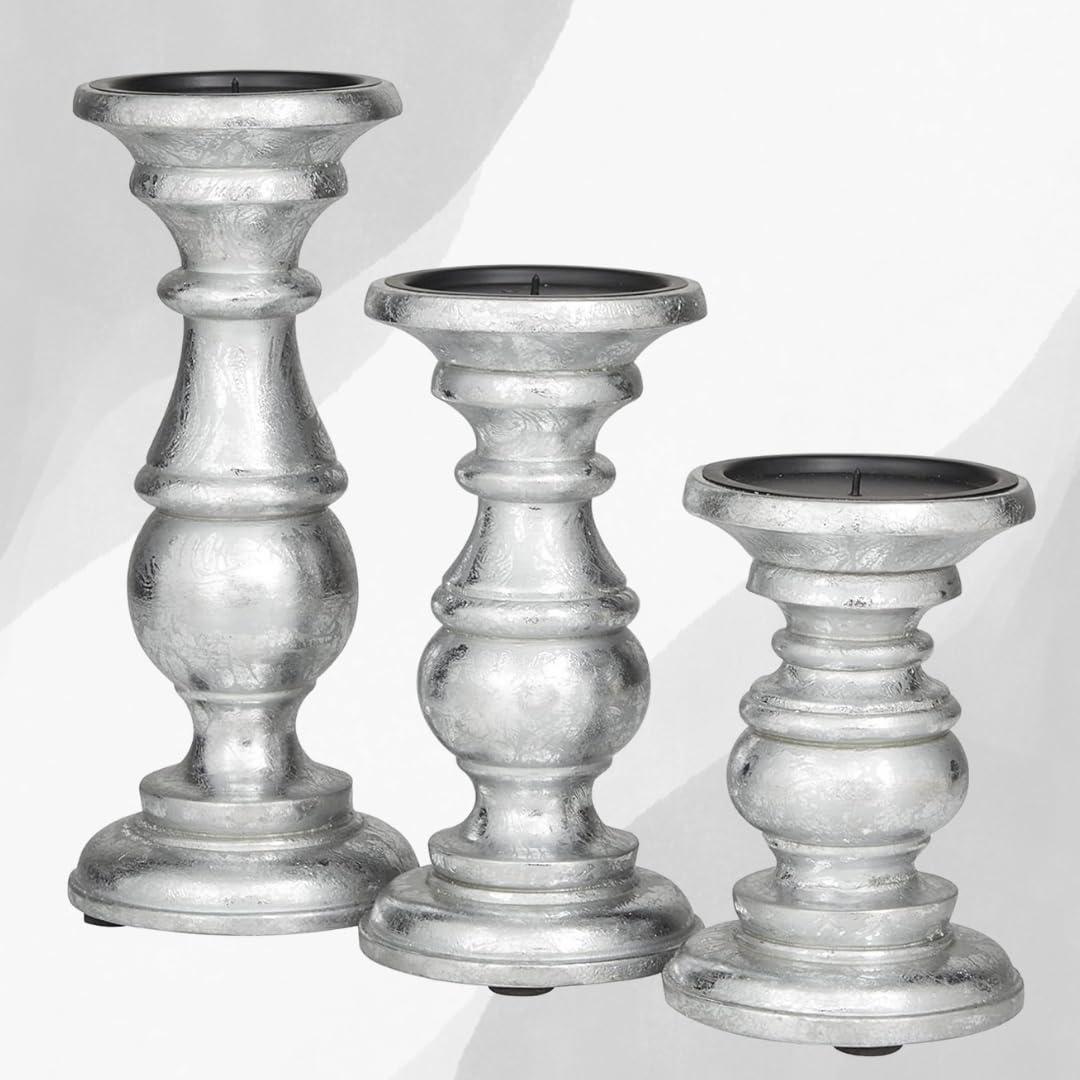 AULIYA Wooden Candle Holders Pillar Candles Holder Rustic Wood Stand Decorative Polish Candlestick Set of 3 for Home Decor - 6" 8" 10" Silver