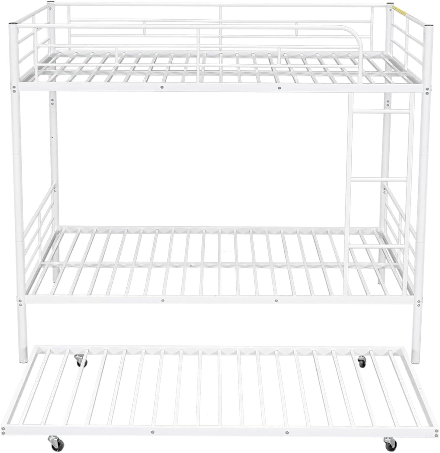 Harper & Bright Designs Full Over Full Metal Bunk Bed with Trundle, Ladder & High Guardrail, Able to Split, Noise Free, Heavy-Duty Steel Loft Bed Frame with Safety Rail for Bedroom, Dorm (White)