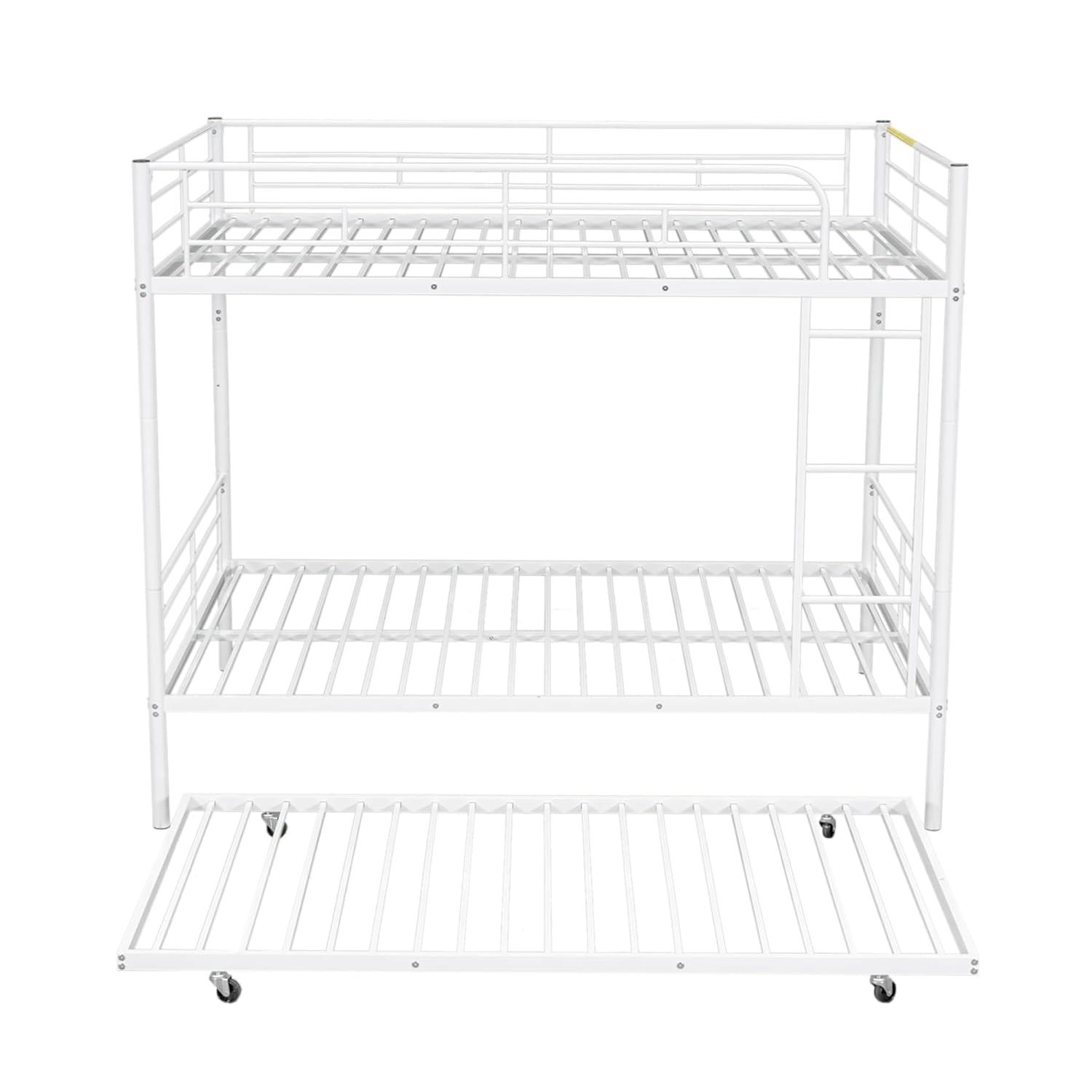 Harper & Bright Designs Full Over Full Metal Bunk Bed with Trundle, Ladder & High Guardrail, Able to Split, Noise Free, Heavy-Duty Steel Loft Bed Frame with Safety Rail for Bedroom, Dorm (White)