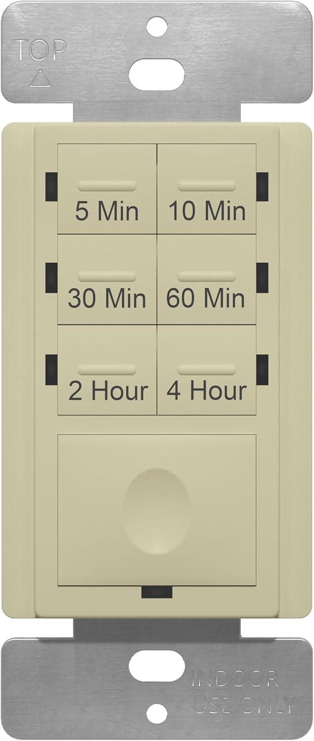 ENERLITES 4-Hour Countdown Timer Switch, 5-10-30-60 Min, 2-4 Hour, for Bathroom Fans, Heaters, Lights, LED Indicator, 120VAC 800W, No Neutral Wire Required, UL Listed, HET06-J-I, Ivory