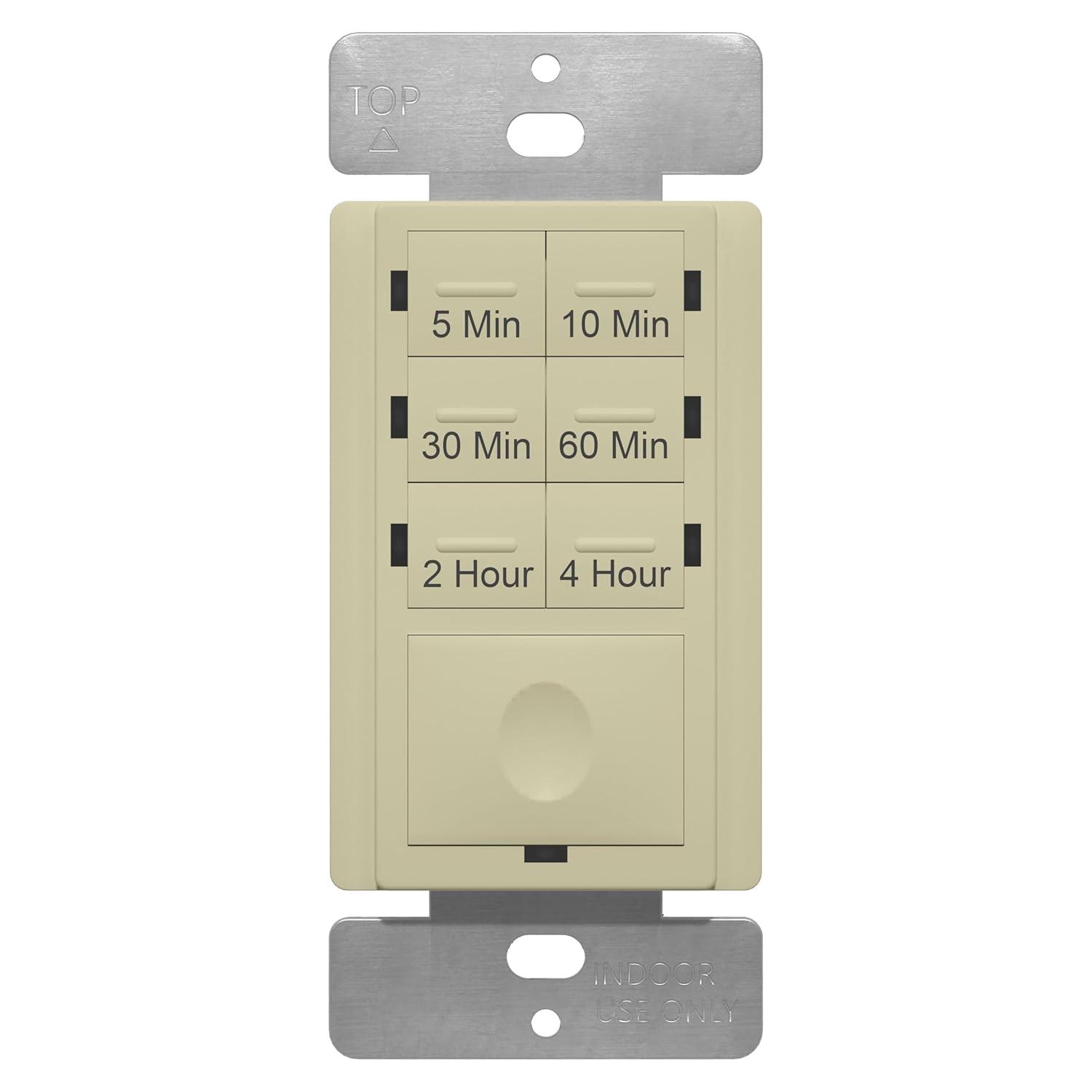 ENERLITES 4-Hour Countdown Timer Switch, 5-10-30-60 Min, 2-4 Hour, for Bathroom Fans, Heaters, Lights, LED Indicator, 120VAC 800W, No Neutral Wire Required, UL Listed, HET06-J-I, Ivory