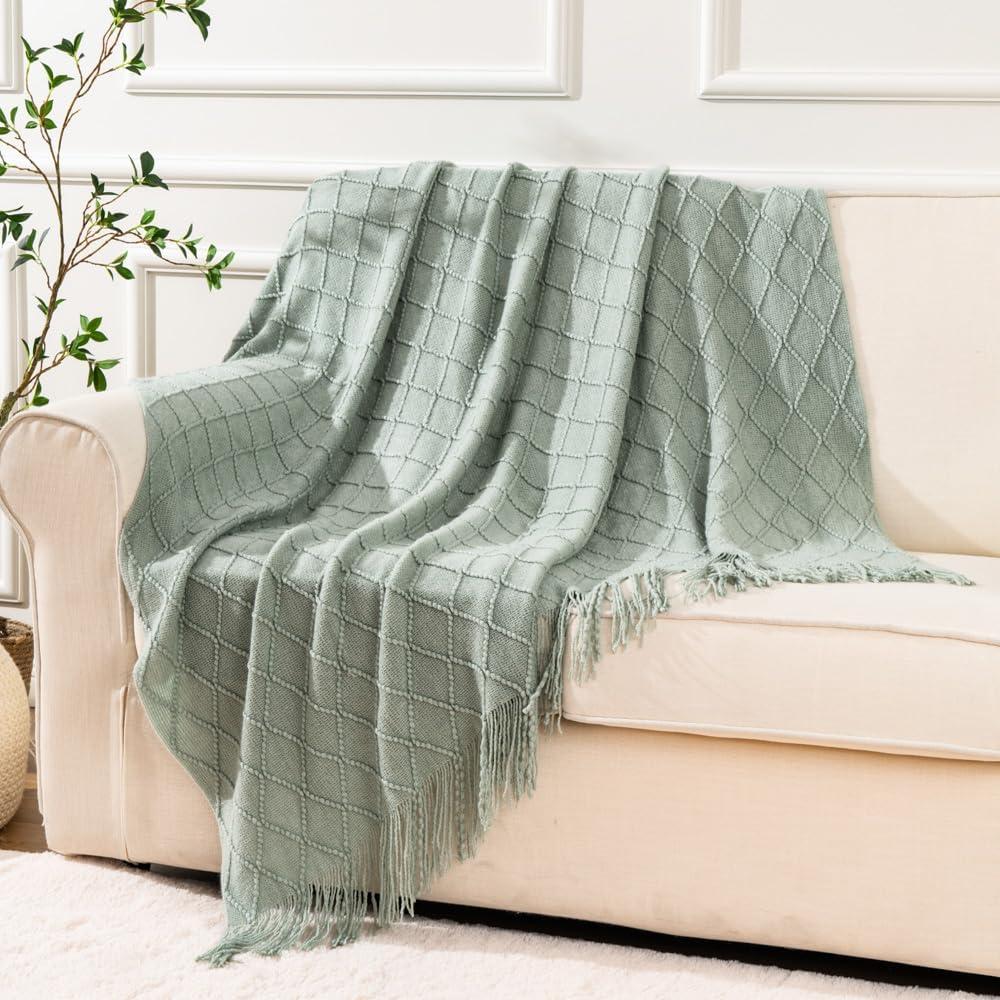 Light Blue Diamond Knit Acrylic Throw Blanket with Fringe, 50"x60"