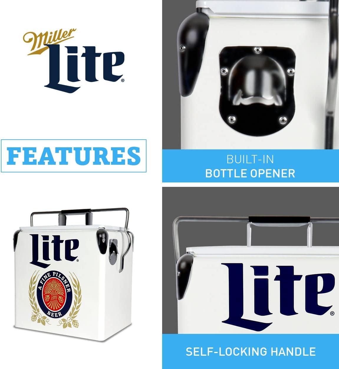 Miller Lite Retro Ice Chest Cooler with Bottle Opener 13L (14 qt), White and Blue