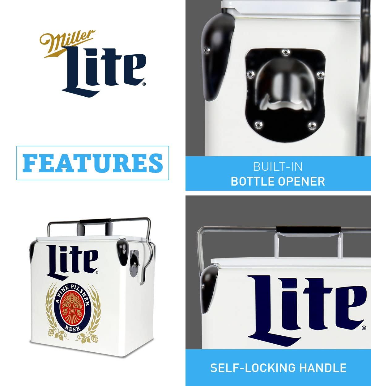 Miller Lite Retro Ice Chest Cooler with Bottle Opener 13L (14 qt), White and Blue