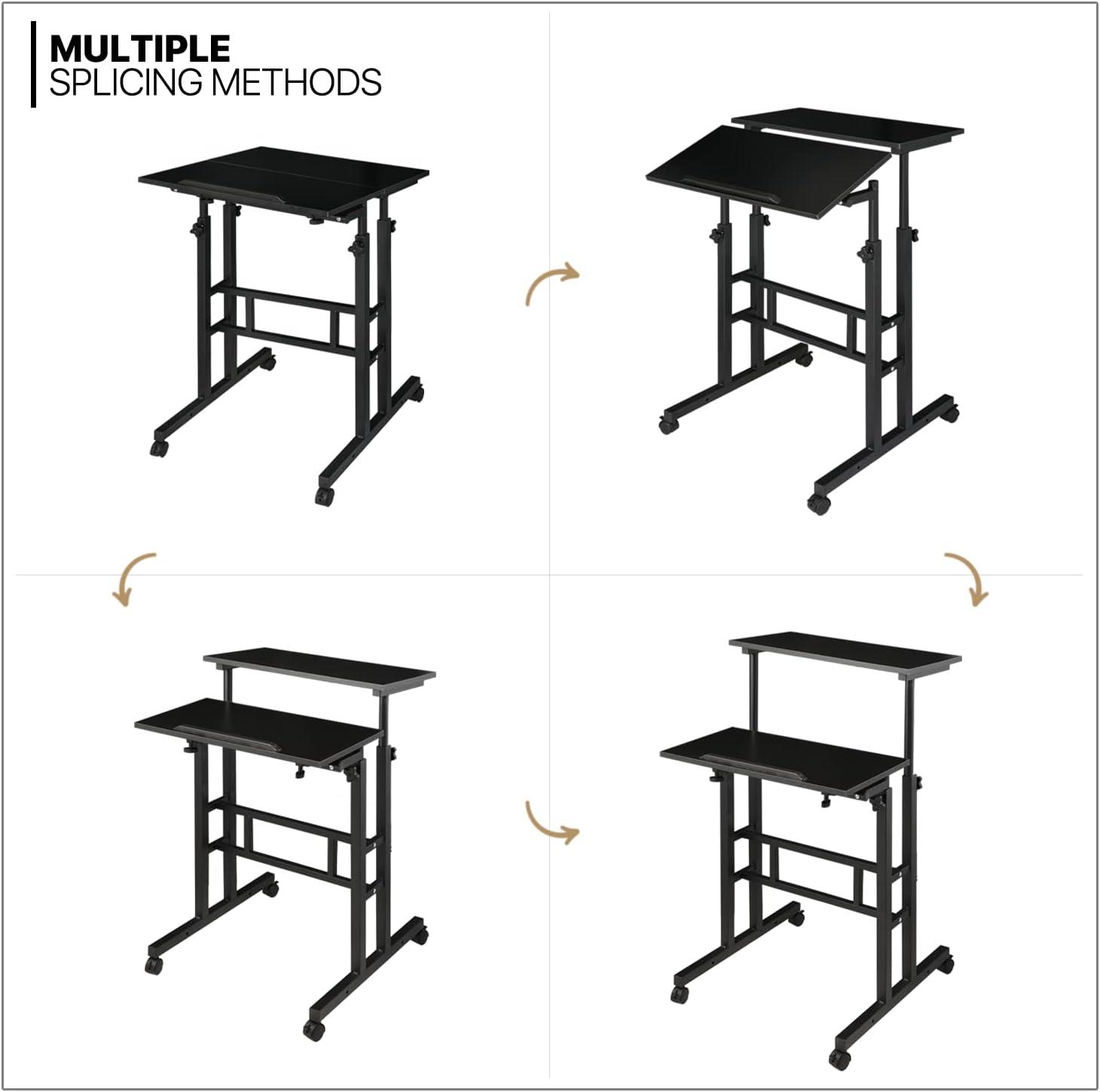 MoNiBloom Mobile Computer Desk, Adjustable Height Laptop Standing Desk with Tilting Tabletop and Monitor Shelf