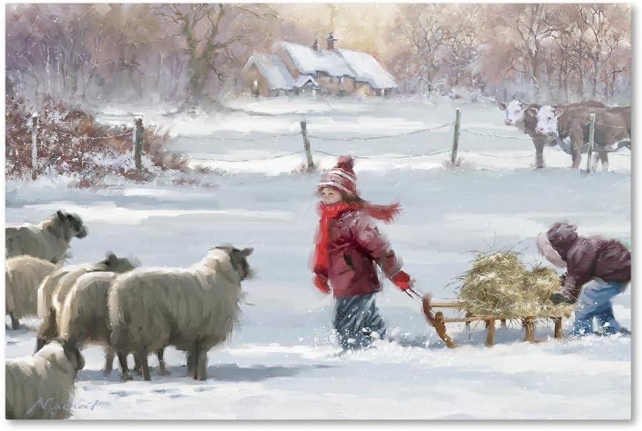 Winter Scene Children Feeding Sheep Canvas Art