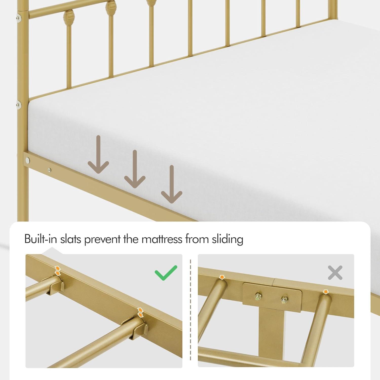 Antique Gold Full Metal Platform Bed with Headboard and Footboard