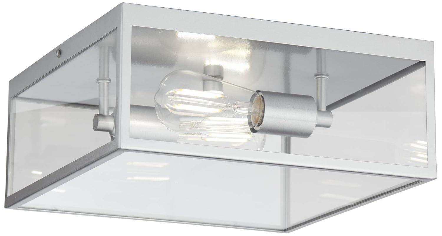 Union Modern Farmhouse Indoor-Outdoor Flush-Mount Ceiling Light Fixture 12" Matte Silver Nickel Clear Glass Panels Square Exterior House Porch Patio Outside Deck Garage Entryway Home