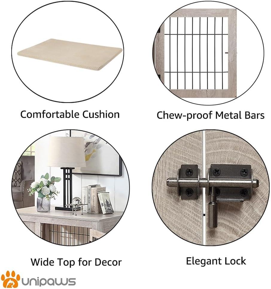 Unipaws Dog Crate End Table with Cushion, Wooden Wire Pet Kennels with Double Doors, Modern Design Dog House, Chew-Proof, Walnut