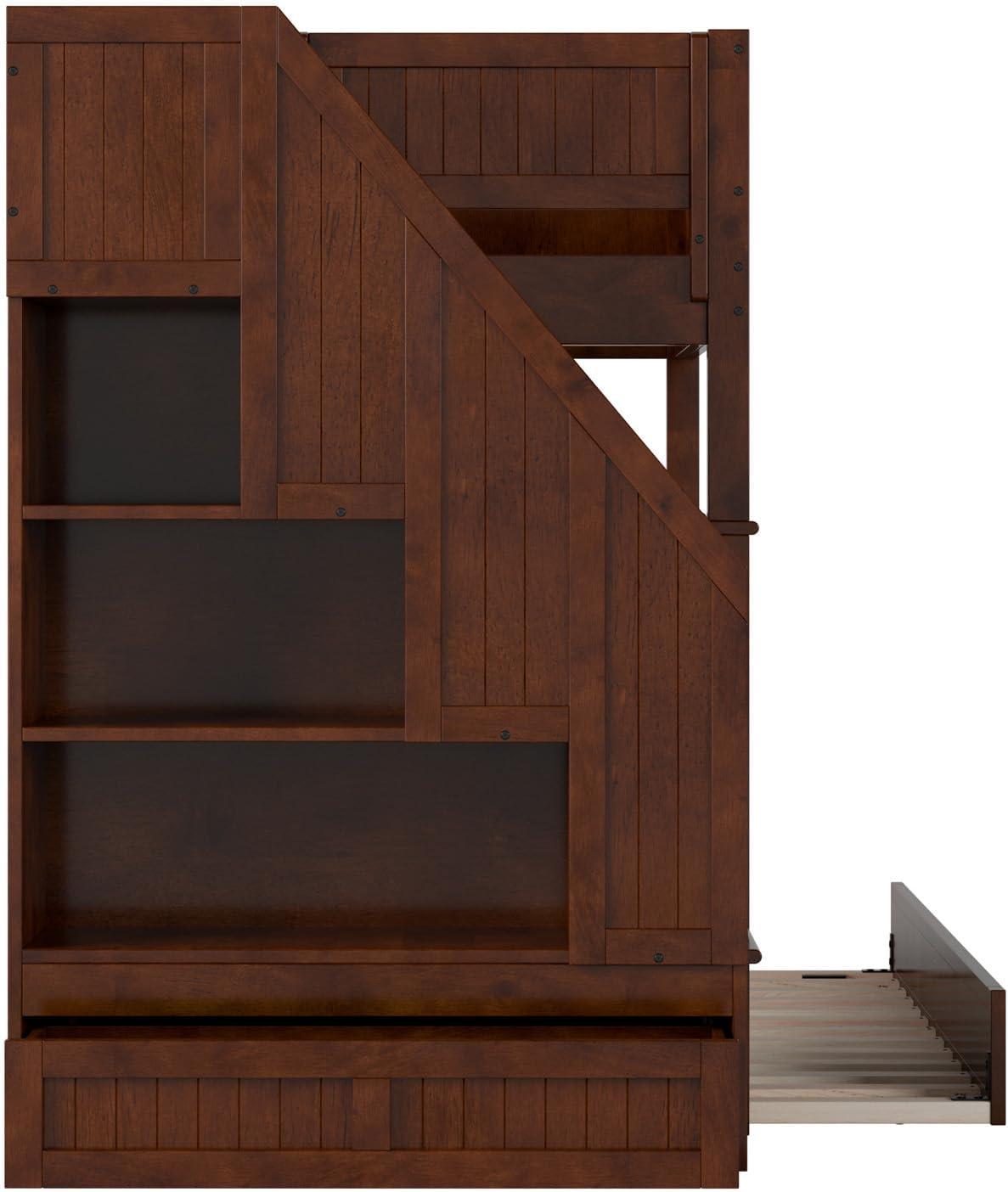 Walnut Twin Over Twin Bunk Bed with Storage Drawer and Trundle