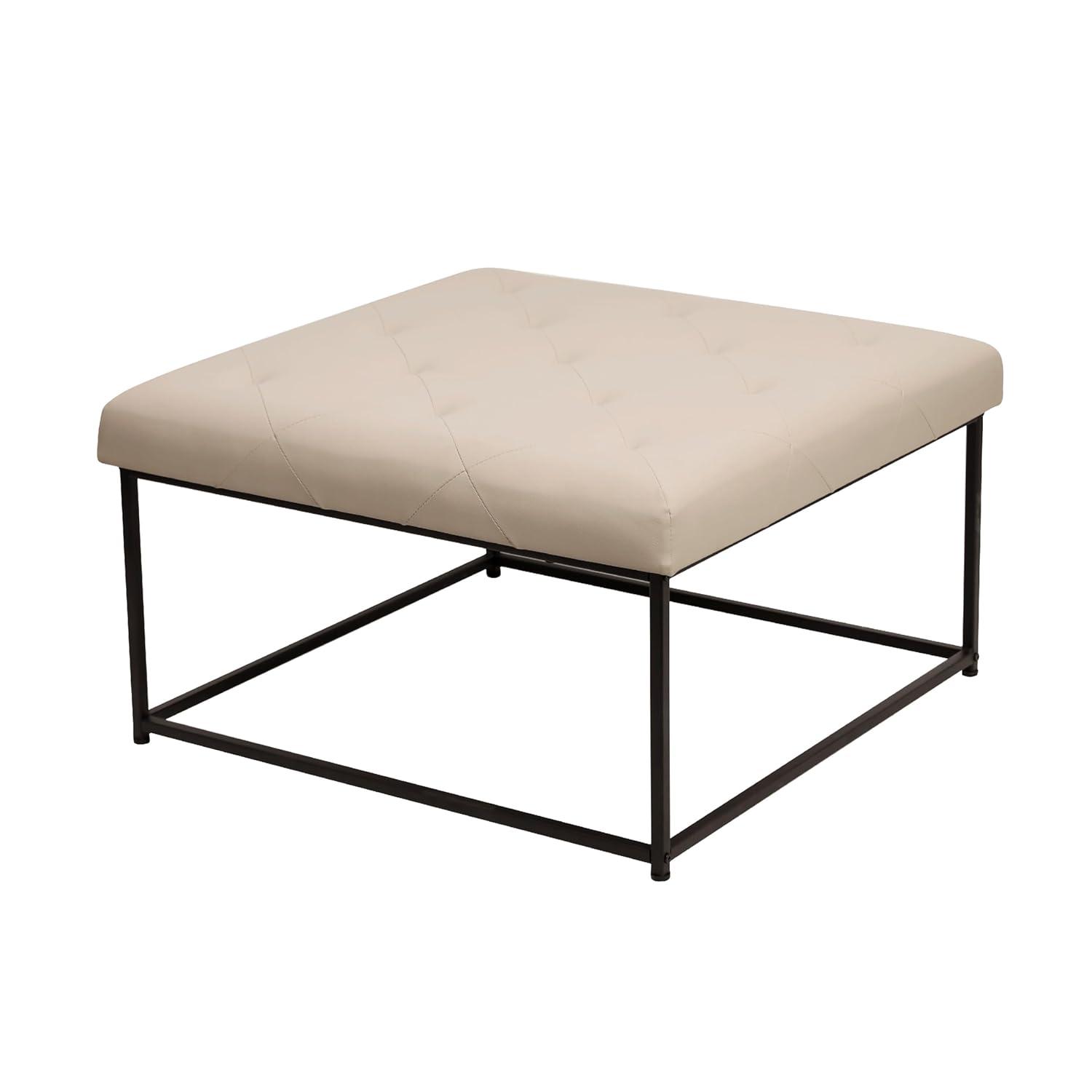 Flash Furniture Ashton 30" Square LeatherSoft Tufted Ottoman with Metal Frame, Beige LeatherSoft/Black Frame