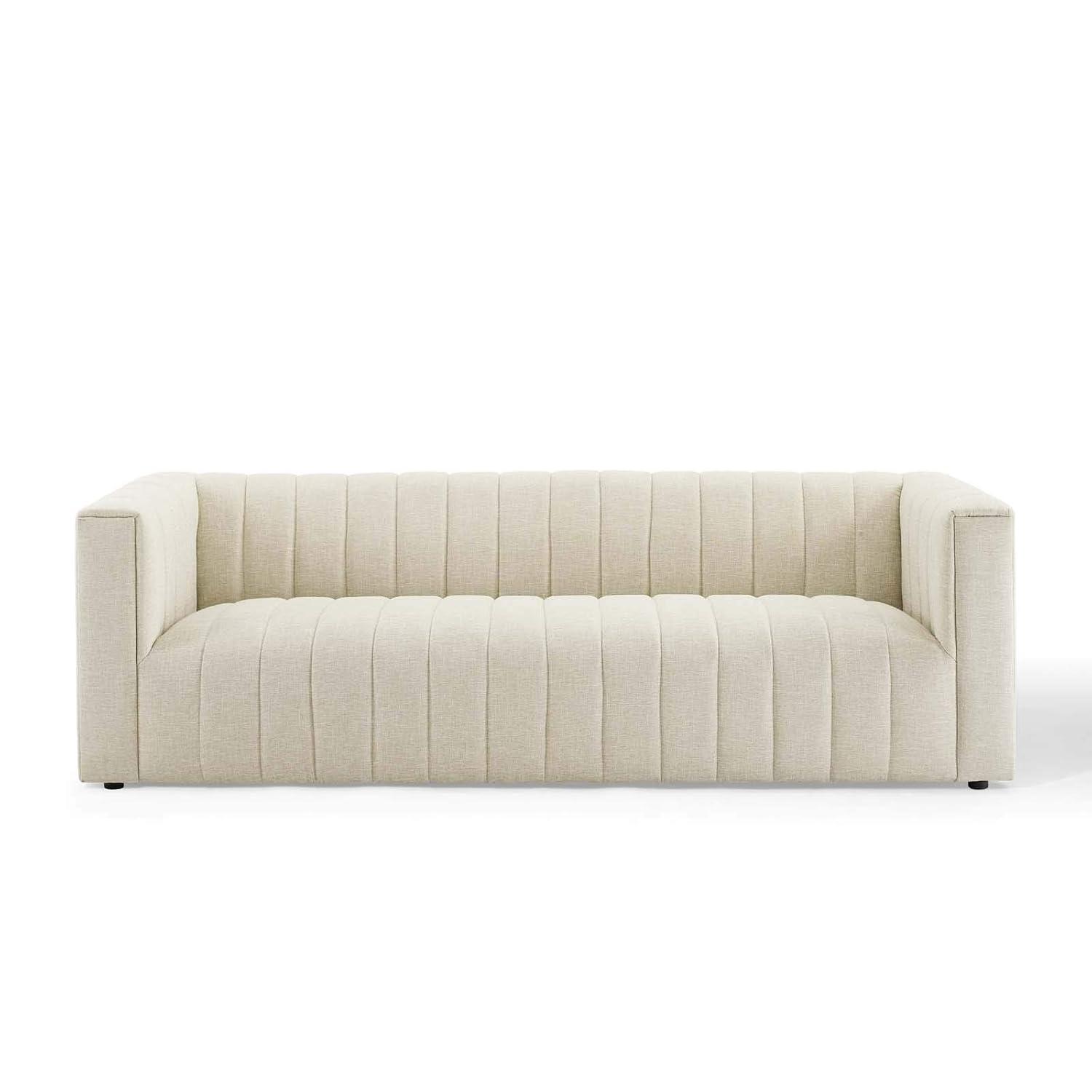 Reflection Beige Channel Tufted Fabric and Wood Sofa